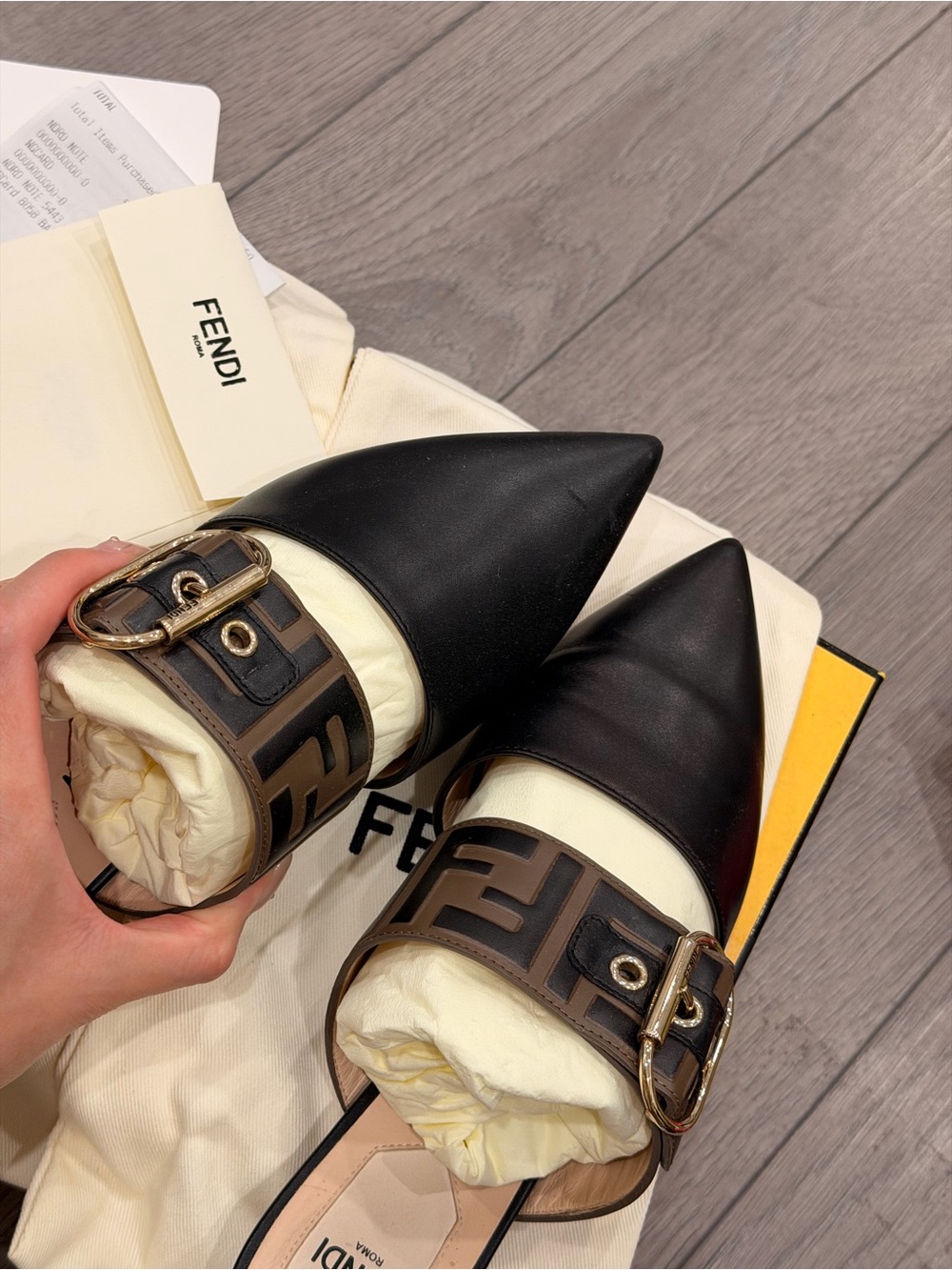 Fendi Black & Brown FF Logo Buckle Pointed-Toe Mule - Picture 2 of 5
